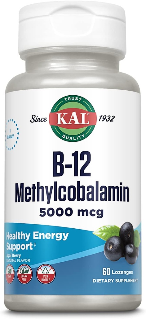 KAL Vitamin B-12 Methylcobalamin Lozenges 5000mcg, Healthy Energy, Metabolisme, Nerve & Red Blood Support, Optimal Acai Flavor, Vegan, Sugar Free, 60 Servings, 60 Lozenges