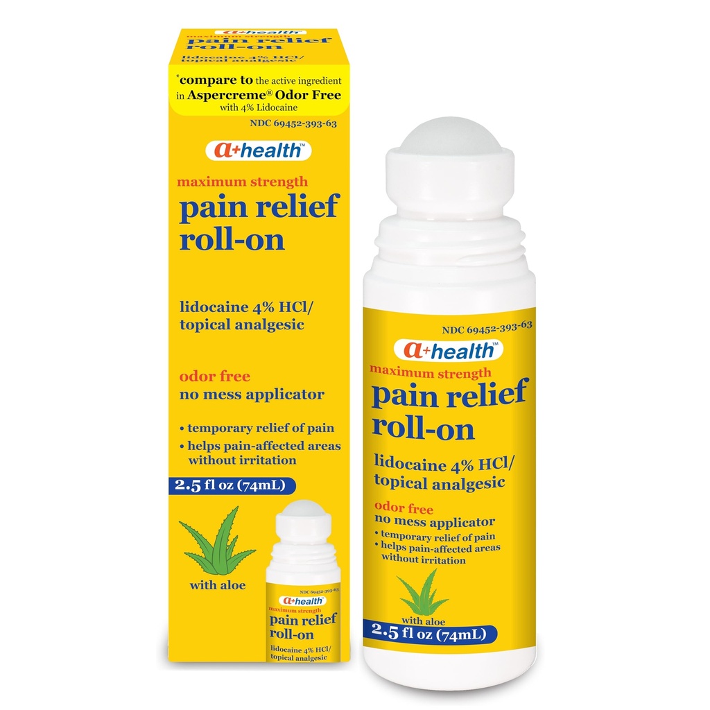 A + Health Relief Rolls-On Liquid, Lidocaine 4%, Odor Free, Maximum Power Pain + Itch Relief dengan Aloe, Dibuat di AS, 2.5 ifl Ounces