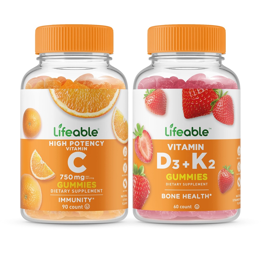 Lifeable Vitamin C 750mg + Vitamin D3 + Vitamin K2, Gummies Bundle - Tasting Besar, Tambahan Vitamin, Gluten Bebas, GMO Bebas, Gummy Chewable