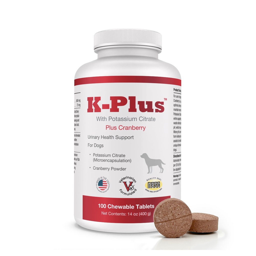 K-Plus Potasium Citrate Plus Cranberry Supplement for Dogs - UTI Remedy Chewable Tablet - Support Bladder Health - Untuk Setiap Dog Breed (100 Tab)
