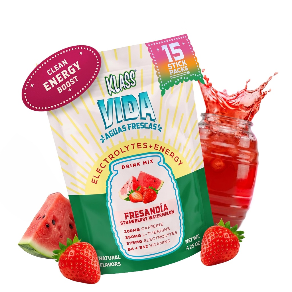 Hidration + Energy Electrolite Drink Mix - Strawberry Watermelon Agua Fresca Flavor 124; Sugar- Free Powder dengan Caffeine, L- Theanine, Coconut Water & Minclained 124; 15 Pap Tongkat