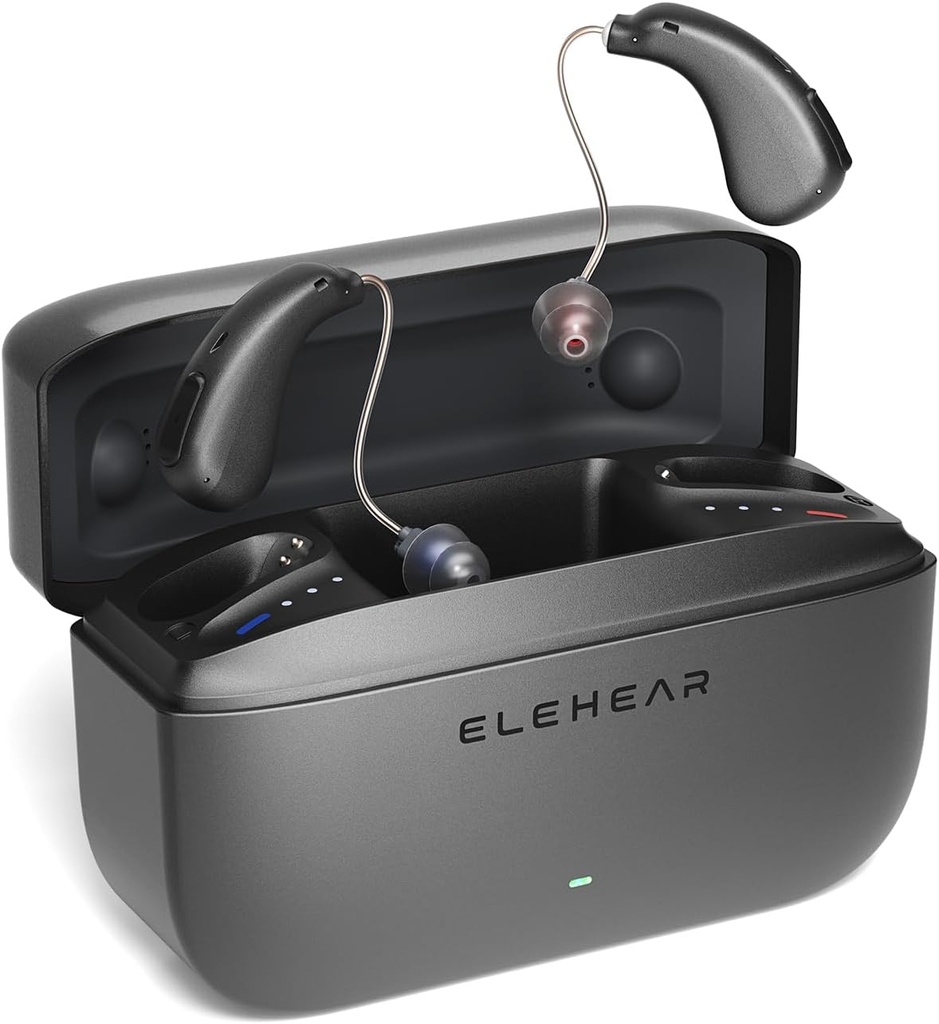Alfa Hearing Aids, Al Noise Cancellation OTC Hearing Aids for Seniors & Adulants, Super Clear Sound, Lost-Lasting Battery Diaktifkan Rechargable Aid, 4 Modes, Metalic Dark Grey