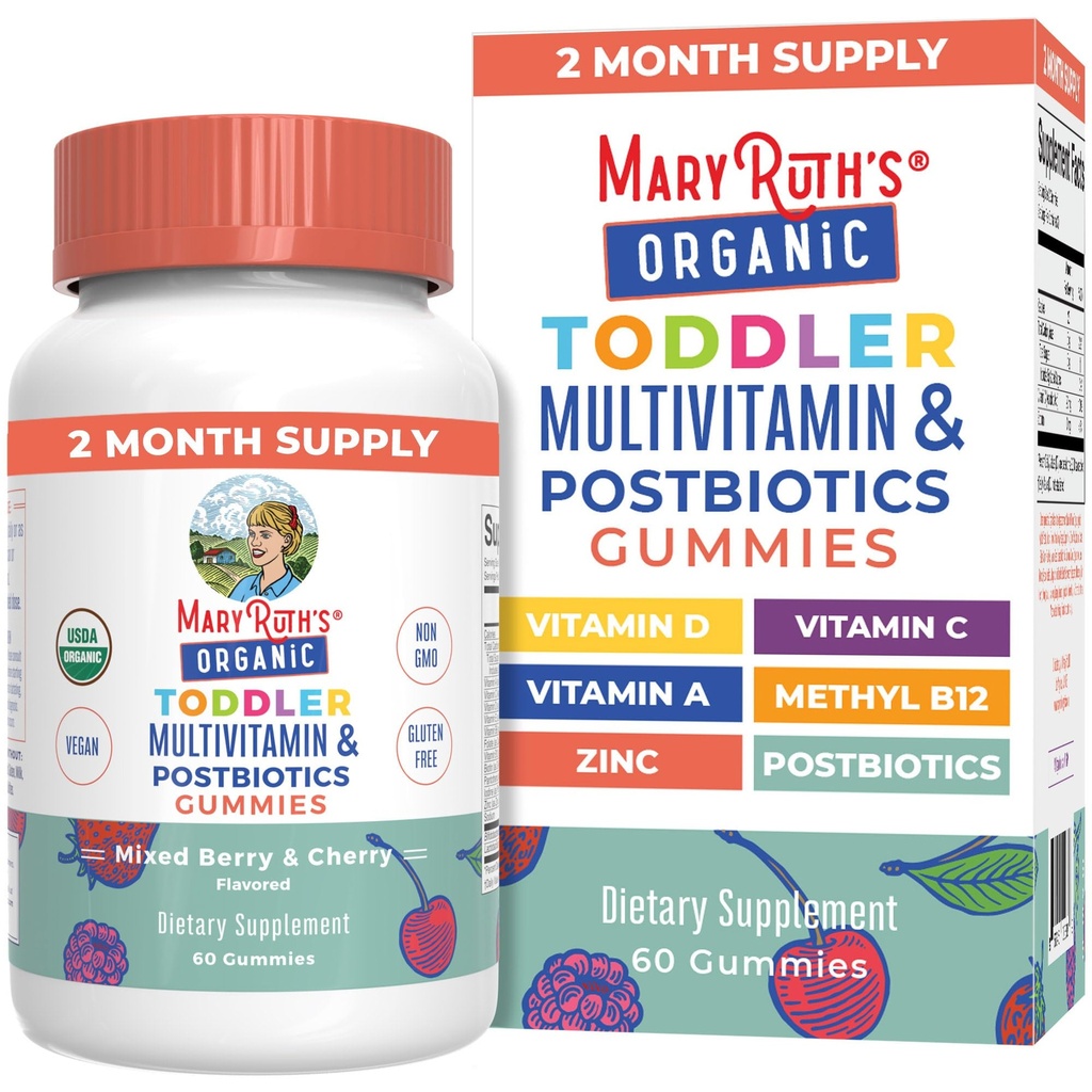 MaryRuth Organics Toddles Multivitamin Gummies + Postamine 124; USDA Organic 124; Vitamin for Kids Ages 2 + 14; Ammune Dukung Atlas 124; Vitamin C 124; Vitamin D3 124; Vitamin A 44; Zinc 124; Gegan 124; Nn-GMO 124; 60