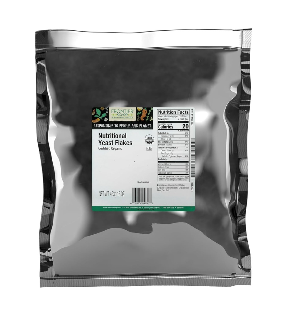 Frontier Co-op Organic Nutration Yast Flakes, 16 Oz, Bulk Bag - Escular B Vitamin, Non-Irradiated, Kosher Yeast - Parmesan Cheese Subststitute