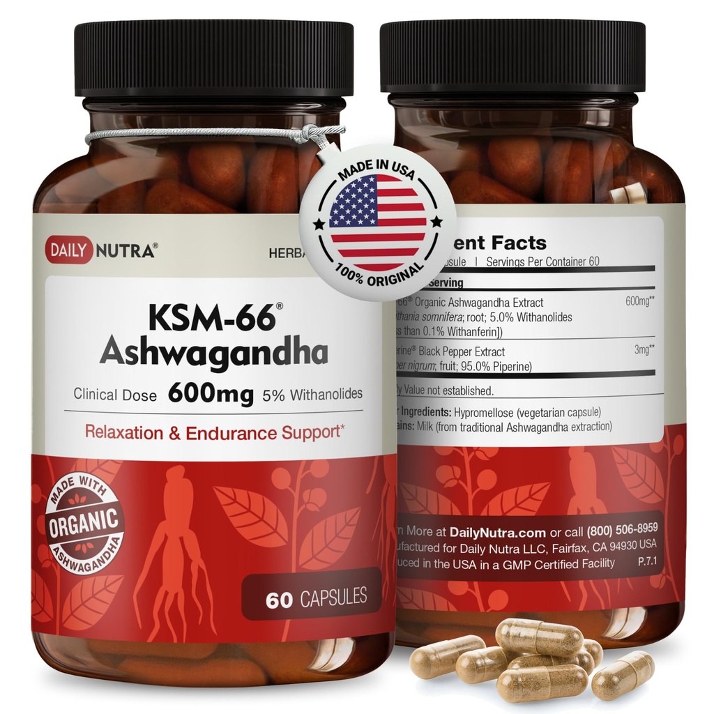 DailyNutra KSM-66 Ashwagandha 600mg Root Extract - Potacy Suplemen Tinggi dengan 5% Witnollides 124; Relieves Tiredness, Supports Relaxation, Focus, Energy, & Muscle Growth (60 Capsules)