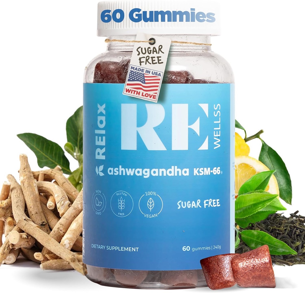 Ashwagandha & Vitamin D Gummies = 124; Suplemen Dietary 124; KSM 66 Ashwagandha untuk Calsatig Dupport 300mg 124; L-Theanine Lemon Balm 124; Natural Herbal Nor-GMO Sugar Free Gluatin Free 124; 1 Pack