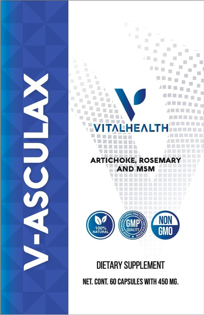 Vital Health V- Asculax Circulation Support - Heart Health, Blood Flow, Fluid Retention & Artery Circulation - Natural Herbal Formula dengan Witch Hazel, Rue, Artichoke, Rosemary, MSM & Horse
