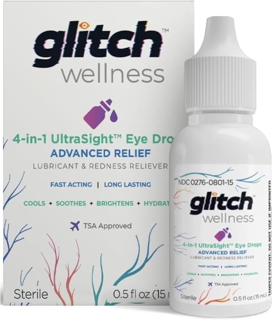 Glitch UltraSight Eye Drops for Dry Eyes 15mL - 4 in 1 Advanced Relief Dry Eye Drops - All Day Comfort with Hydration, Brightening, Cooling - Effentially Soothes Irryation & Dryness - 0.5 Fl Oz