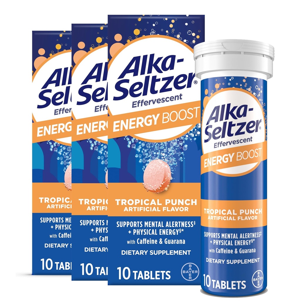 Alka- Seltzer Energy Boost: Caffeine & Guarana, B Vitamin, Supports Mental Alert dan Energi Fisik, Suzzy Tablets, Sugar- Free, Light Tropical Punch Flavor, 30ct