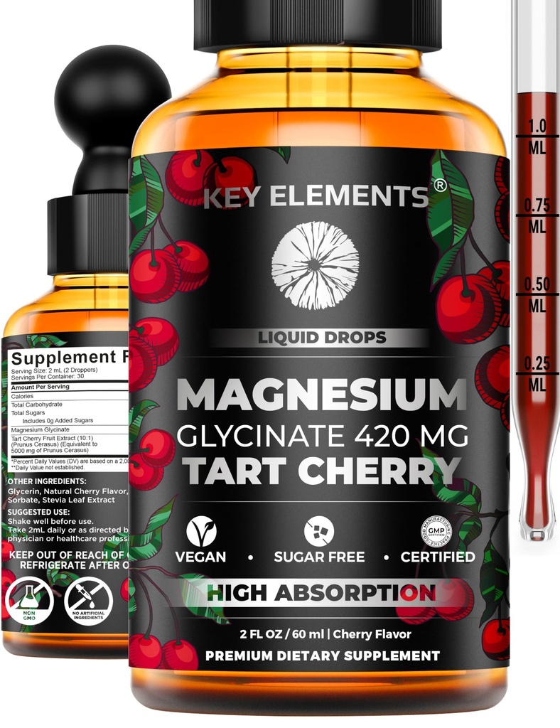 Liquid Magnesium Glycinate 420 Mg dengan Extract Cherry Natural Extract 124; Magnesium Glycinate Drops for Sleep, Mood & Mobility Dukung 124; Tart Cherry Extract