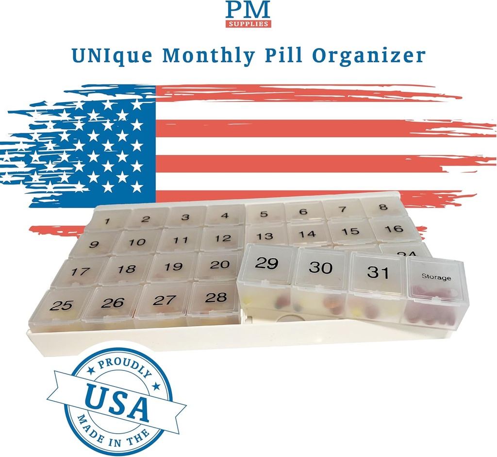 Unique XL Monthly Pill Organizer dengan 31 kompartemen, 1 per hari, 4 Minggu Penuh Bulan 31 Organisasi pil KB, termasuk Tray dan 8 Kompartemen Tersisa Besar