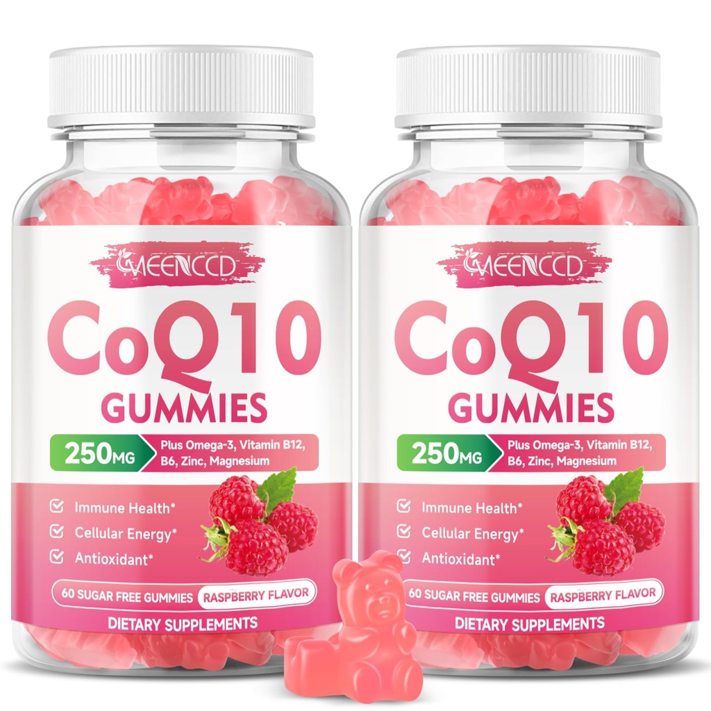 Sugar-Free CoQ10 Gummies 250mg, Koenzim Q10 Suplemen Plus Omega-3, Vitamin B6 & Zinc, Suplemen Absorpsi Tinggi CoQ10 untuk Dukungan Energi Sel & Antioksidant, Raspberry Flavor, Segan 120Cts