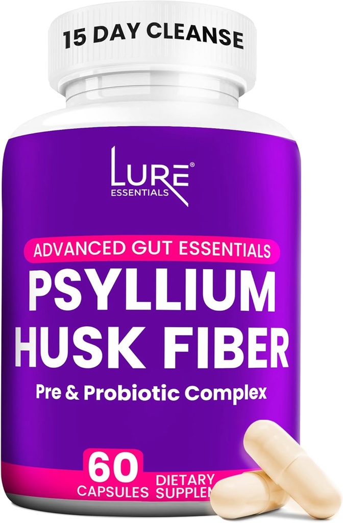 Lure Essentials Psyllium Husk Capsules untuk Colon Cleanse - Prebiotic and Probiotic Fiber