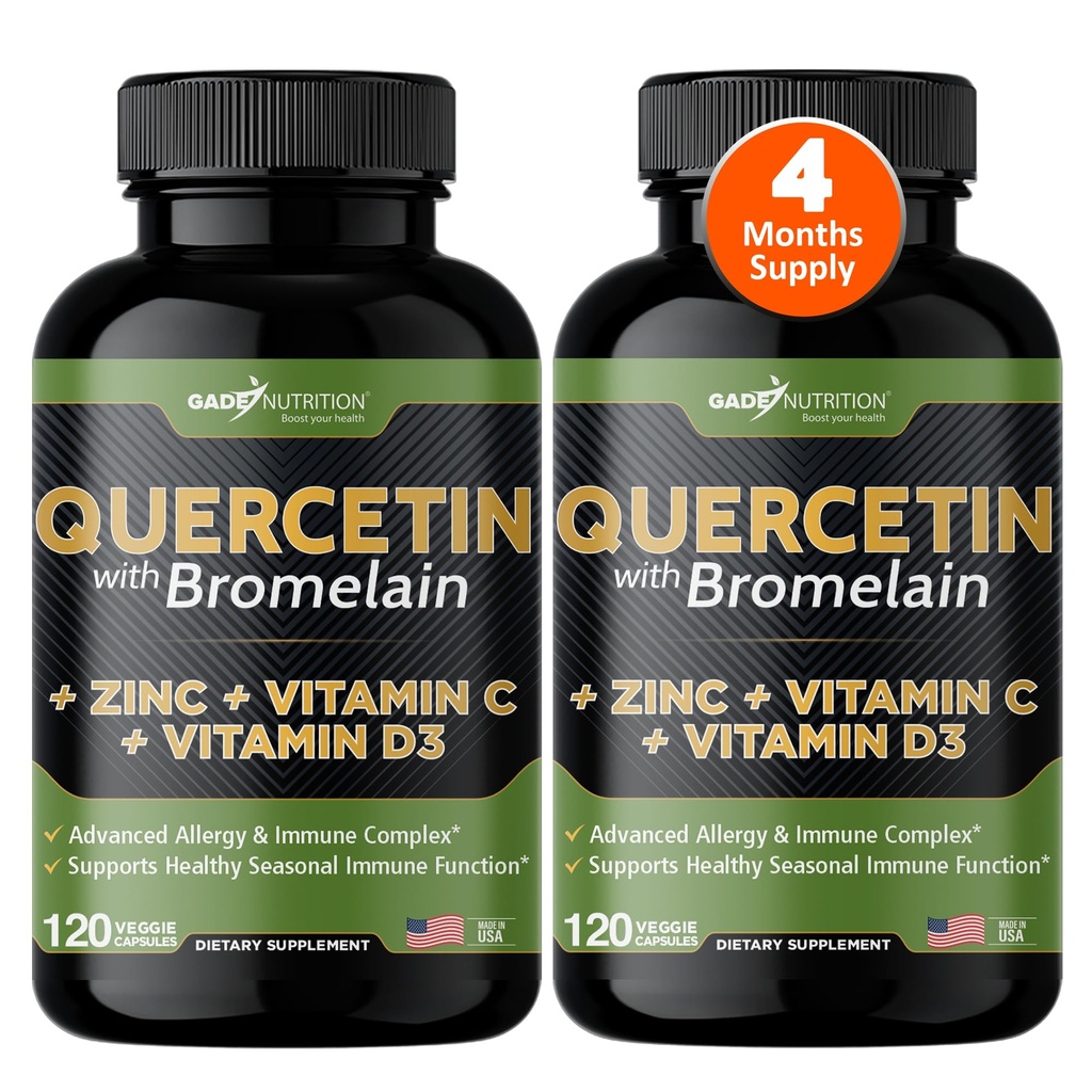 Gade Nutrition Quercetin dengan Vitamin C dan Zinc - Quercetin 500mg - Quercetin dengan Bromelain - Zinc Quercetin Suplemen + Vitamin D3 (Non-GMO, Gluten- Free, Vegan) - 4 Bulan Suppply