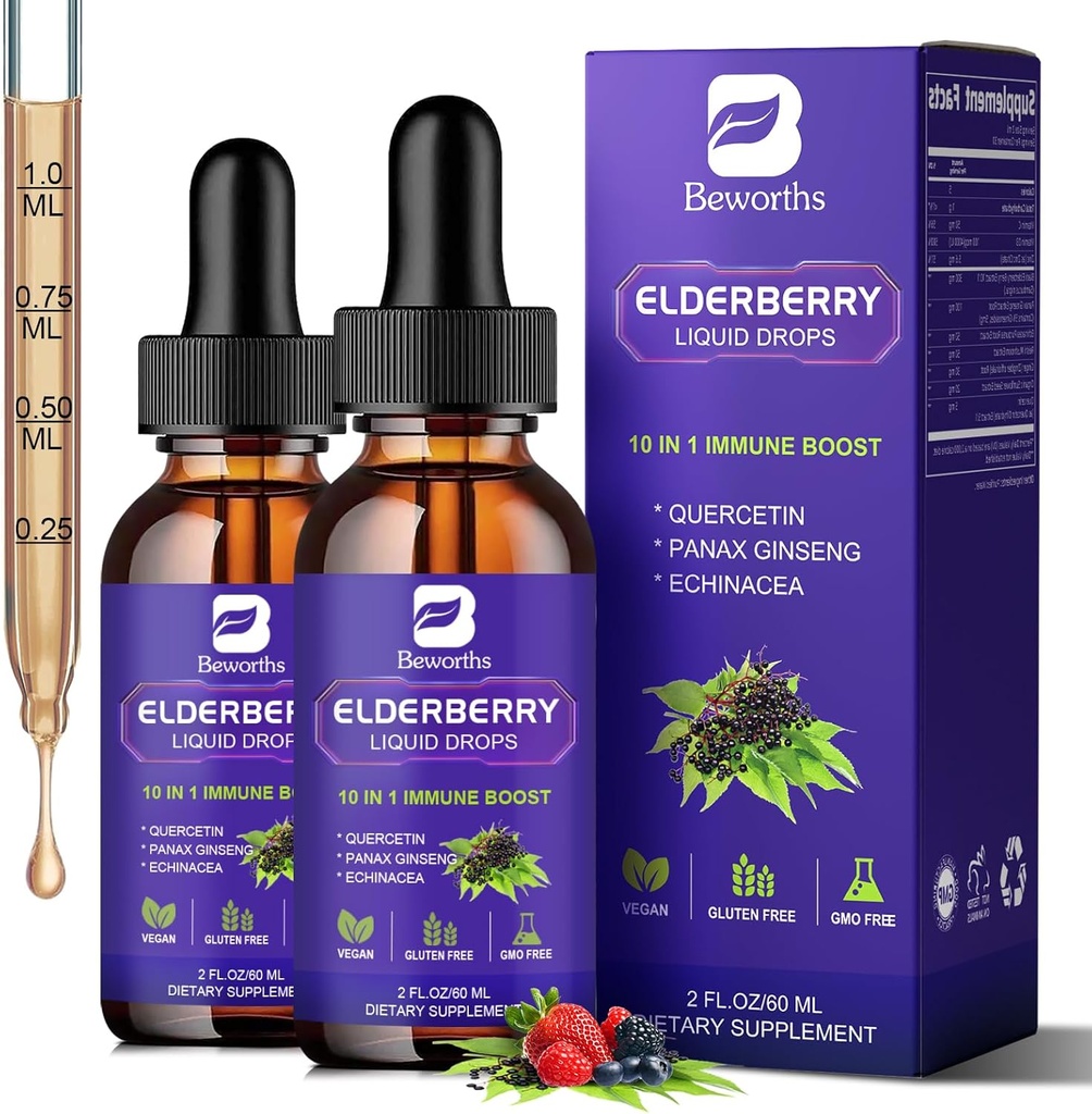 2 Pack Elderberry Syrup, Black Elderberry Drops with Quercetin, Panax Ginseng, Vitamin C dan Zinc, Sambucus Elderberry Syrup Liquid for Imune Dupport, Vegan, Non-GMO & Gluten Free