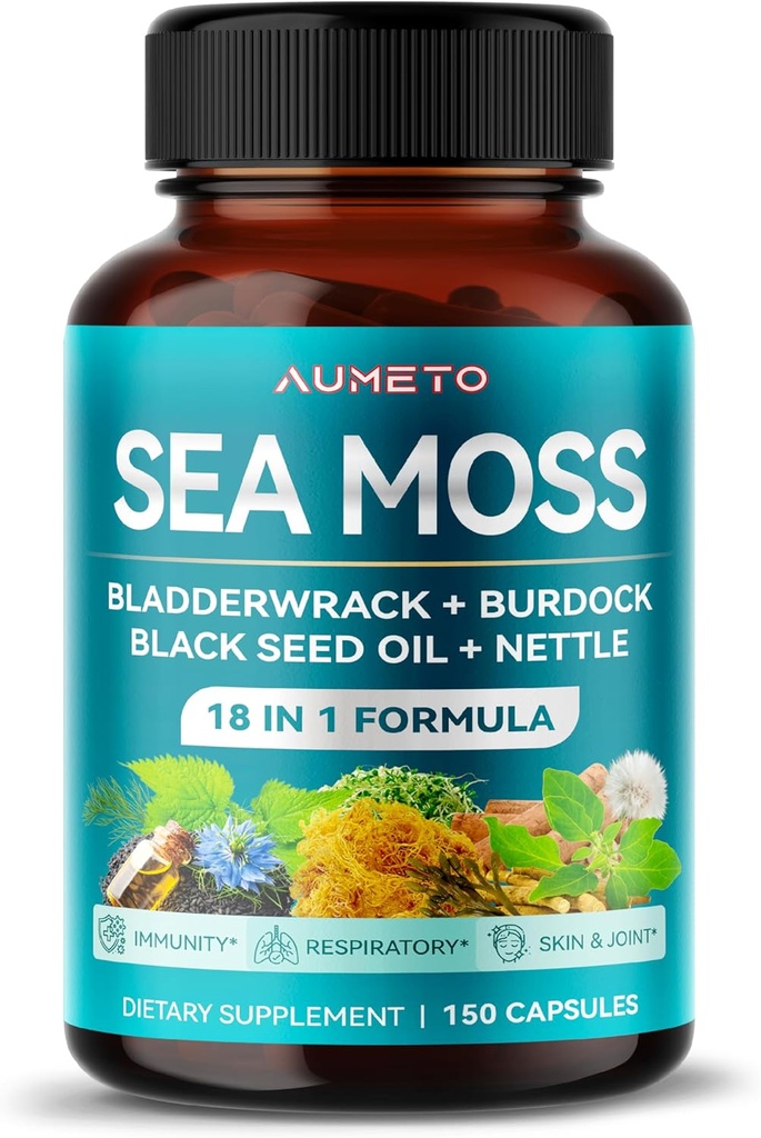 Premium Sea Moss Supplement dengan Black Seed Oil, Ashwagandha, Bladderwrack, Nettle- Advanced 18-in- 1 Formula untuk Keimula Boosting, Mineral- Kaya - Dibuat di USA (150 Count (150 Cacah 1)