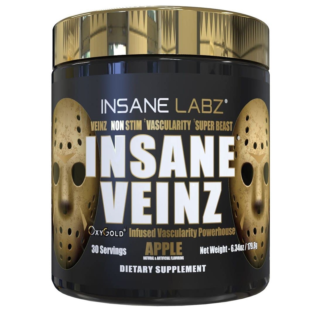 Insane Labz Insane Veinz Gold, Nitric Oxide Non Stimulant pre Workout Powder, Loaded with Hydromax, Nitroigin, Increases Vasculity and Blood Flow, 30 Srvgs, Apple