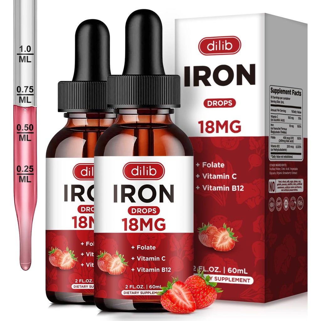 (2 Paket) Tambahan Besi Cairan untuk Perempuan & Pria Besi Drops Besi untuk Anemia dengan Flolate, Vitamin C, B12 untuk Red Blood Cell Support - Strawberry, 4 Fl Oz