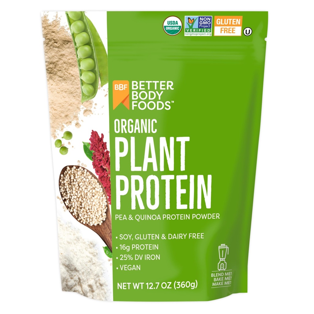 BetterBody Foods Organic Plant Based Protein Powder, 16g of Protein 24% DV, Vegan, Lower Net Carbs, Gluten Free, No Sugar Added, Soy Free, Non-GMO, 12.7 Ounces