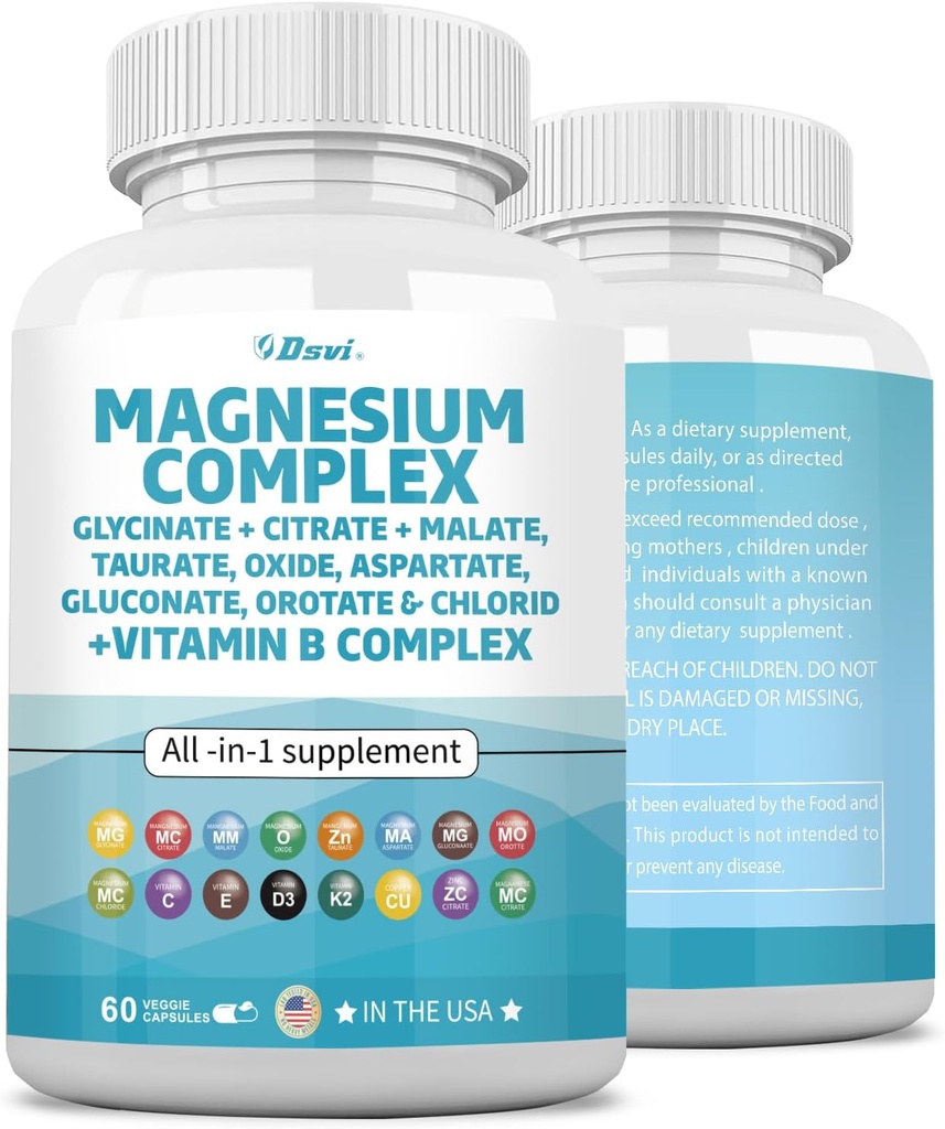 60 Count Magnesium Complex 2285mg dengan Magnesium Glycinate Citrate Malate Oxide Aspartate Gluconate Ospin & Mag Chloride, Zinc Copper Manganese & Vitamin C B1 B2 B6 B12 Complex USA