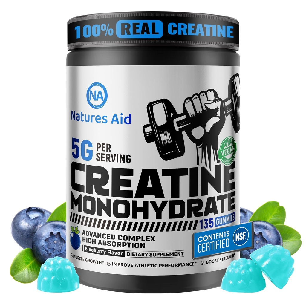 Nature Aid NSF Cerdened Creatine Gummy 5g - Creatine Monohydrate Gummies - Pre- Workout Energy & Muscle Growth Dukungan untuk Pria & Perempuan 124; Blueberry Electrolite Gummies (135 Count)