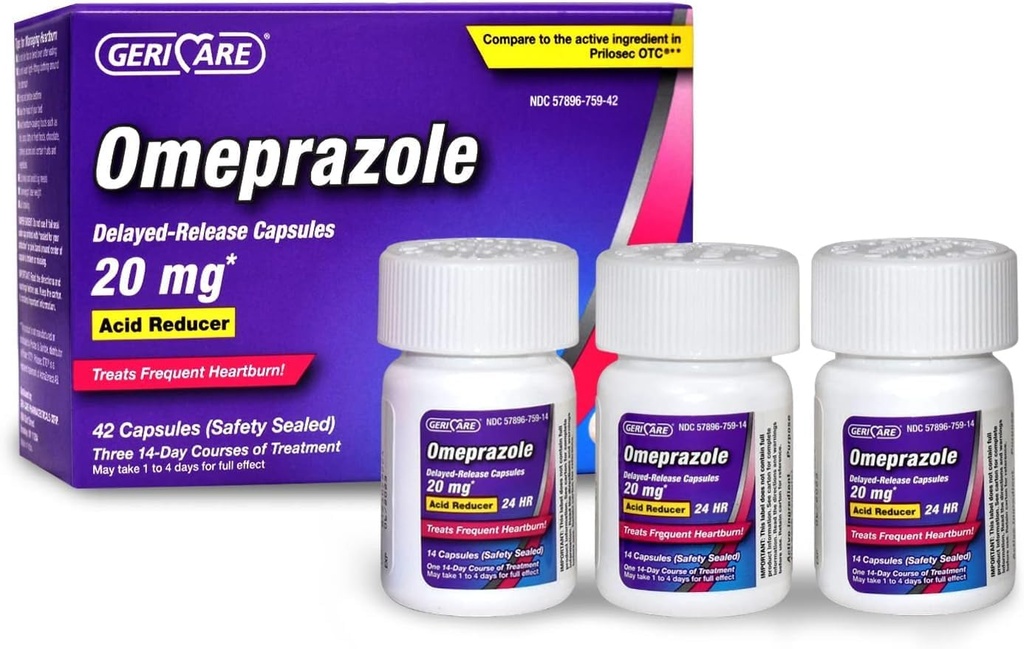 Omeprazole GeriCare Delayed Release Capsules 20.6mg - Acid Reducer Pills selama 24 Hour Heartburn Relief - Acid Reflux Medicine untuk Memperlakukan Feedent Heartburn (42 Count)