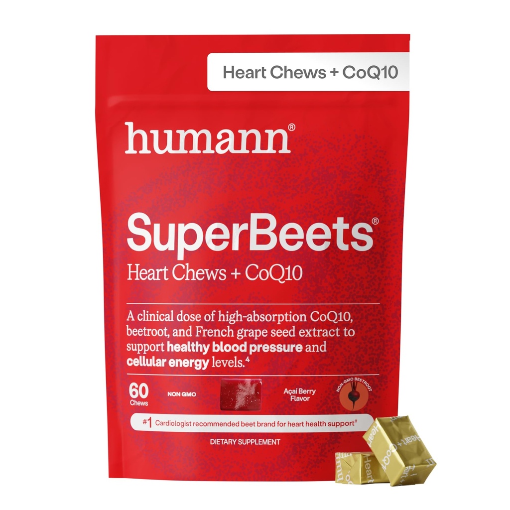 HumanN SuperBeets Heart Chews Advanced - 100mg of CoQ10 Plus Beetroot & Grape Seed Extract, 60 Count