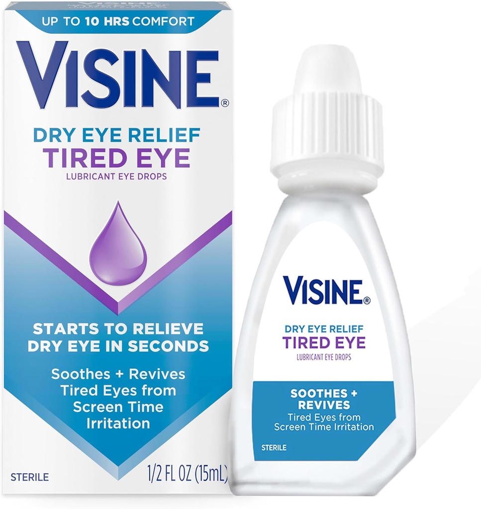 Relief mata kering Visine Lelah Mata Lubricant Mata Drops, Moisturizing & Soo Sterile Drops untuk Iroted, Kering & Capek Mata Karena Irritation Waktu Layar, Polyethylene Glycol, 0.5 Flz
