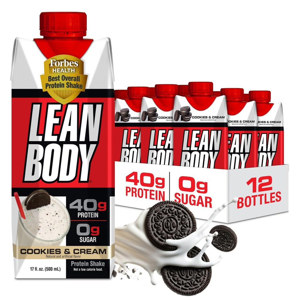 Lean Body Ready-To-Drink Cookies and Cream Protein Shake, 40g Protein, Whey Blend, 0 Sugar, Gluten No, 22 Vitamin & Mineces, (Recyclable Carton & Lid - Pack of 12) LABRADA, 17 Fl Oz (Paket 12)