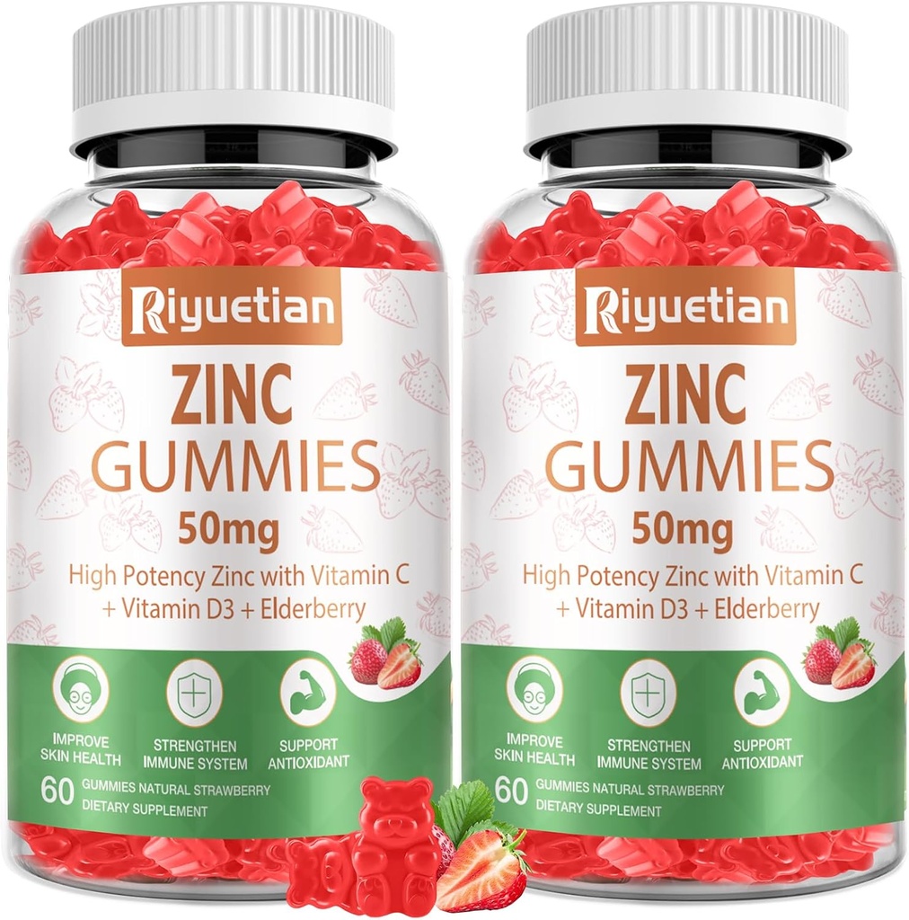 Zinc Kimmies 50mg - Vitamin C, D3 & Elderberry, Echinacea, Zinc Ammune Health Gummies, Non-GMO, Suplemen Antioksidant Alam untuk Pria & Perempuan, Vegan 2 Pack