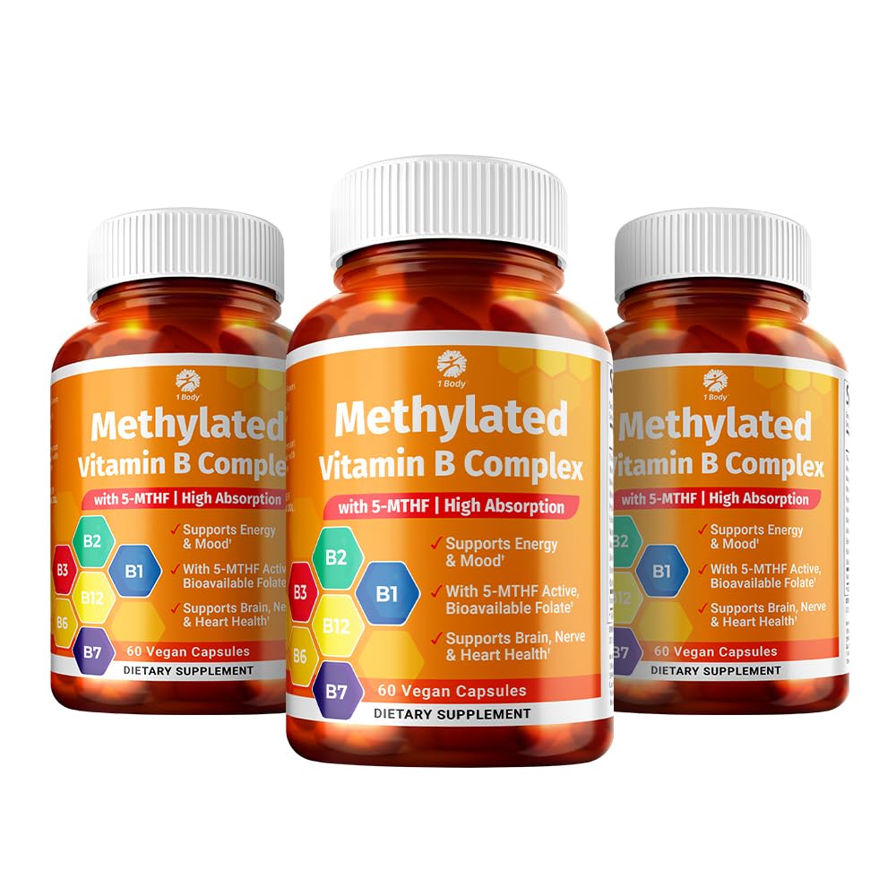 1 Tubuh Vitamin B Kompleks 3 Pack - Biovailable B Vitamin dengan 5- MTHF Folate, B1, B2, B5, B6, Metil B12, Niotin & Biotin - Non-GMO, Vegan, Dibuat di Amerika Serikat