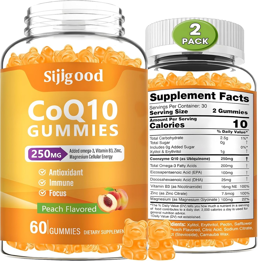 2 Pack CoQ10 Gummies, plus Omega-3, Vitamin B3 dan Zinc, Magnesium, 5X High Absorpsi Koenzim Q10 Suplemen, Q10 untuk Boost Cellular Energy, PowerAntioksidant & Brain, Peach Flavor, 120 Cts