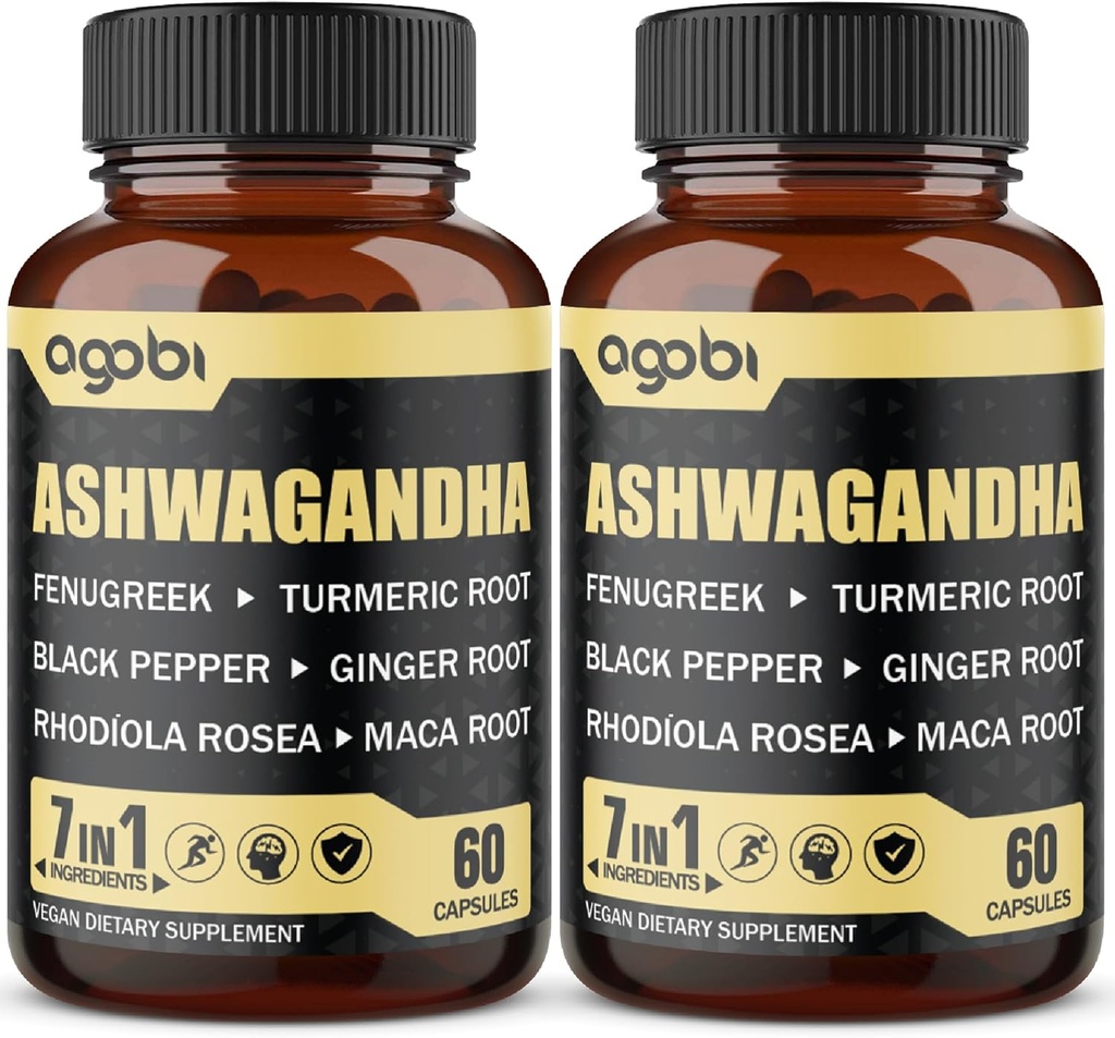 2 Packs 60 Kapsul - 8050mg Ashwagandha Extraction - 7in1 dengan Fenugreek, Maca, Turmeric, Rhodiola, Ginger & Black Pepper - Roh, Immune & Energy Dukungan - 4 Bulan Supppply