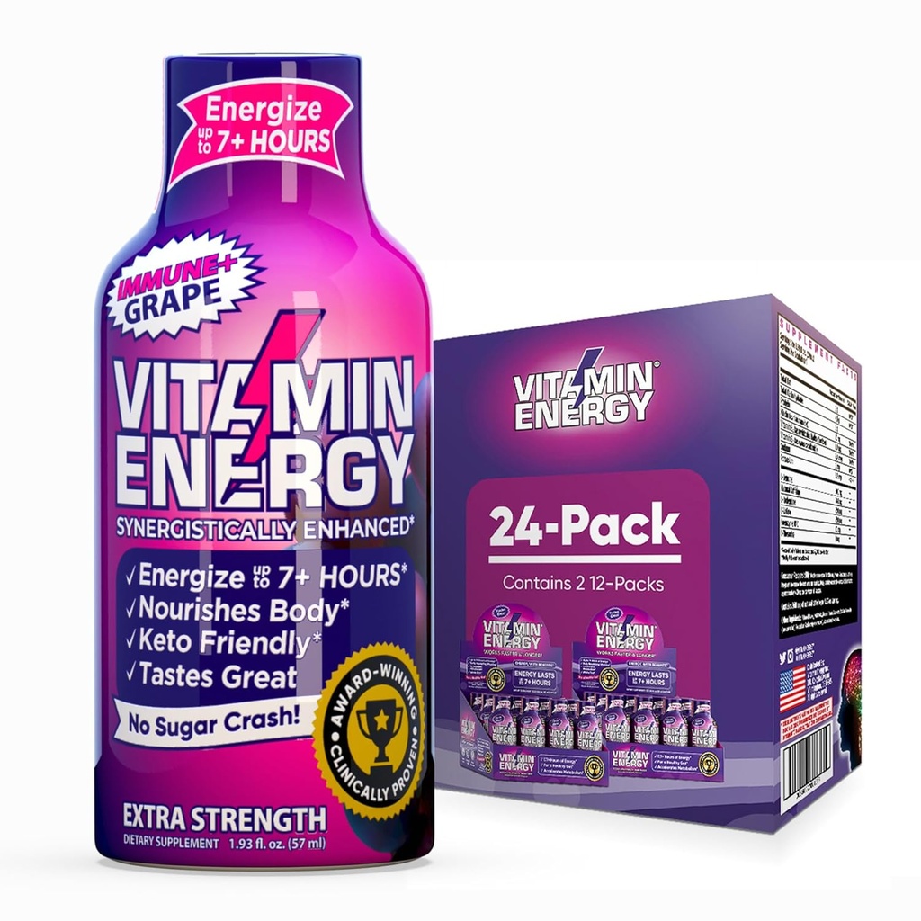 Vitamin Energy Immune + Extra Energy Shot Grape 24 Pack, 260mg Natural Caffeine, B-Vitamin, Citicoline, Green Tea, Imunity & Community Dukungan, Zero Sugar, Gluteng-Free 1.93 fl oz