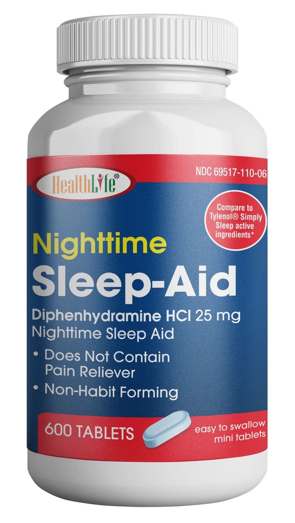 HealthPharma Nighttime Sleep- Aid, Diphenhydramine HCL Caplets, 25 mg (Biru), 600 Count