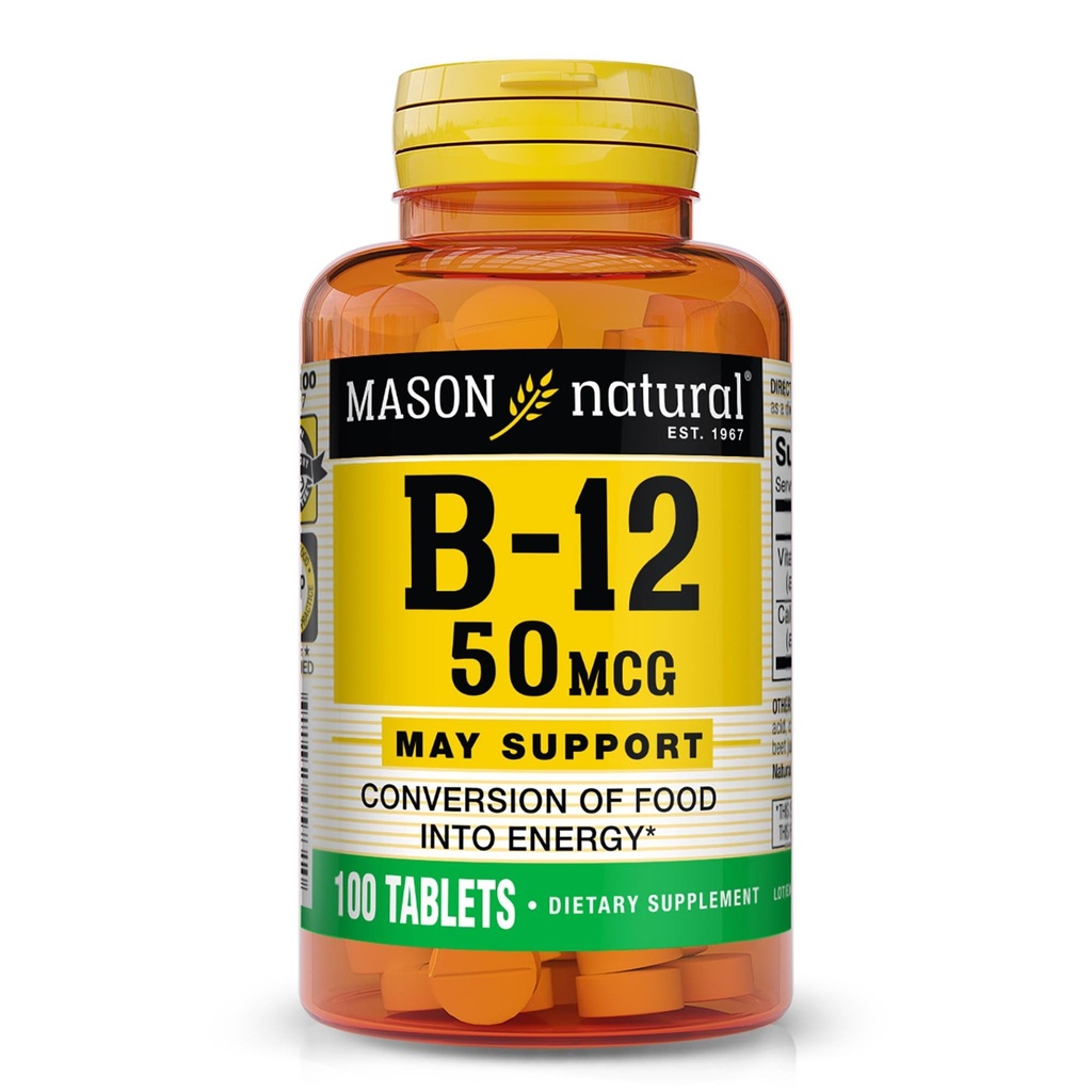 Maston Natural Vitamin B12 50 mcg dengan Kalsium, 100-Day Supplemen Dietary untuk mendukung Tingkat Energi Alam, 100 Tablet (Paket 1)