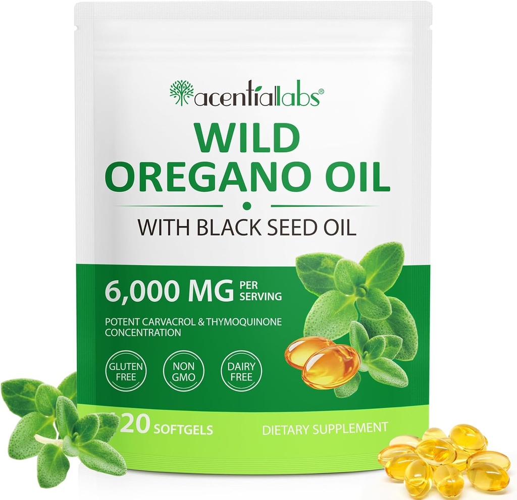 Minyak Oregano Softgeels per Serving - Minyak Oregano dengan Minyak Benih Hitam - Steve Carvacrol & Thymoquinone: 124; Dukungan Ammune, Kesehatan Digetical & Antioksidant; Non-GMO, Gluten- Free, Dairy- Free