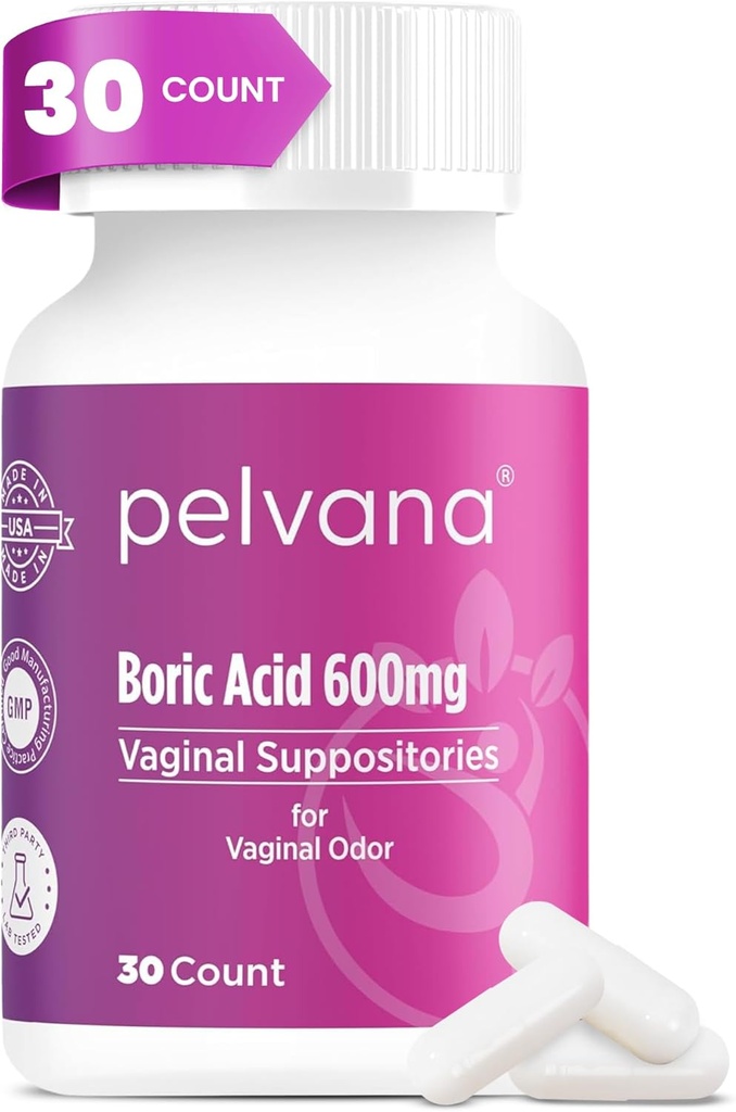 Suplai Acitat Pelvana Boric untuk Perempuan 30 Count - untuk Vaginal Odor & Freshness, Feminine Hygiene & Wellness - Third Party Lab Verified & Bottoms in the USA