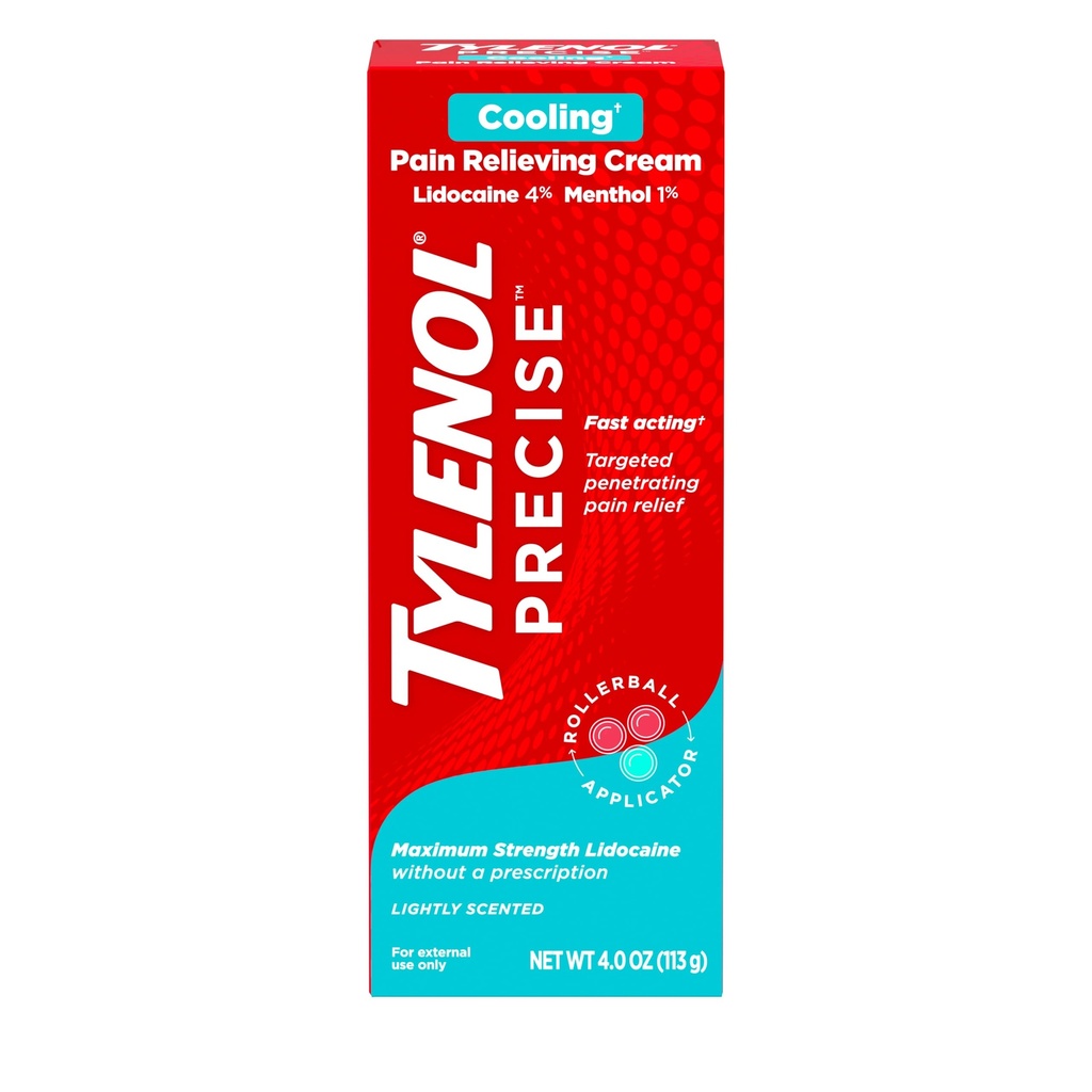 Tylenol Precise Cooling Nuring Cream, Maximum Kekuatan 4% Lidocaine & 1% Menthol Topical Analgesic, Suite Relief Cream for Back, Muscle & Joint, Rollerball Applicator, Fast-Acting, Light Scent, 4 oz