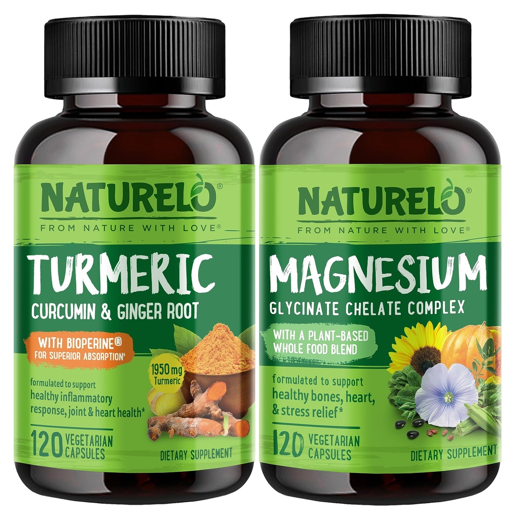NATURELO Tumeric Curcumin, Tanaman Berdasarkan Dukungan Bersama, Magnesium Glycinate, 200 mg Magnesium - Gluten Bebas, Non GMO - 120 Capsules