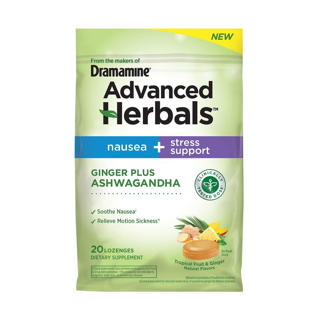 Dari Makers of Dramamine, Advanced Herbals Ginger & Ashwagandha Lozenges, untuk Nausea Relief & Stress Dukungan, Tropical Buah dan Ginger Flavor, 20 Count
