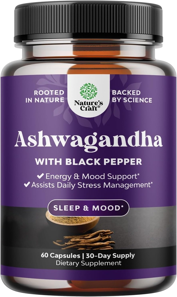 Akar Akar Ashwagandha 60 Kapsul - Ashwagandha dengan Black Pepper Extract Powder untuk Tenang, Beri tepuk tangan & Imune Dukungan untuk Perempuan & Pria - Organik Whitania Somnifera Root Suplemen