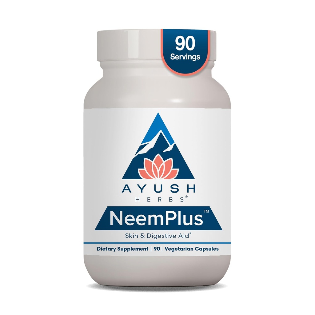 Ayush Herbs Neem Plus - Kesehatan Digetical bagi Perempuan & Pria, Gut Dukungan Tambahan untuk Kesehatan Perut & Skin, Dukungan Imunitas - 90 Vegetarian Capsules (1 Cacah)