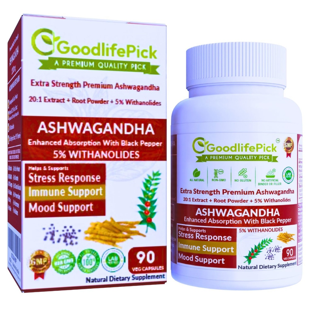 Premium Ashwagandha Capsules dengan Black Pepper yang kuat 5% Wtanoldes dari Ashwaganda Powder & 20: 1 Ekstrak 90 ct.