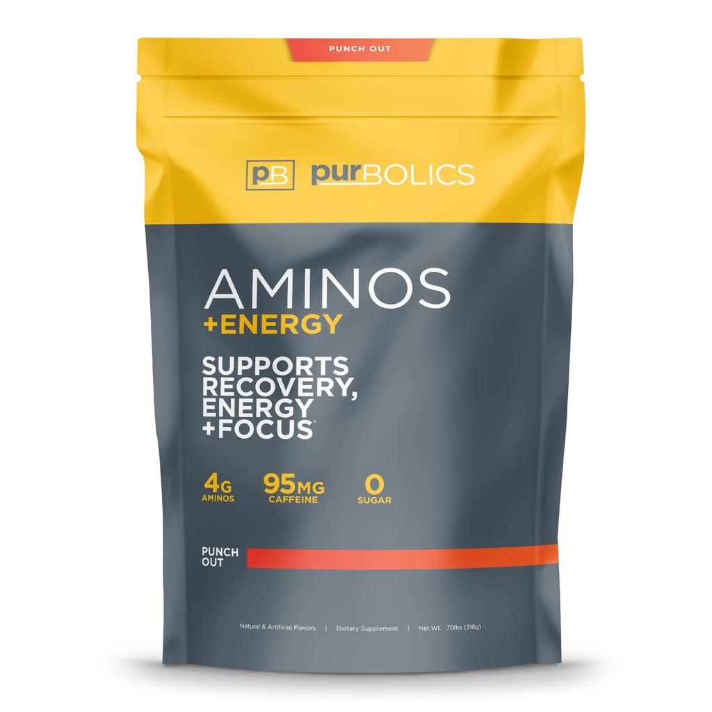 Purbolic Aminos + Energy 126; Support Recovery, Energy & Focus 124; 95mg of Caffeine, 0 Sugar & 60 Servings (Punch Out)
