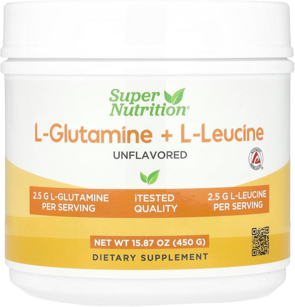 Super Nutrition L- Glutamine + L- Leucine, Unflashored, 15.87 oz (450 g)
