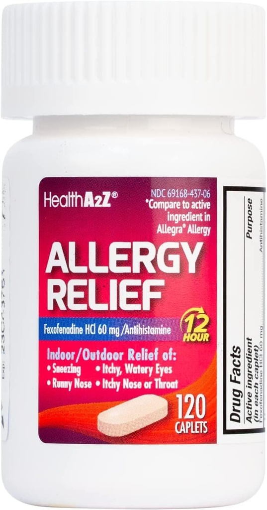 HealtA2Z ® Fexofenadine Hydrochloride 60mg 124; 12- Hour Antihistamin untuk Bantuan Allergy 124; Indoor & Outdoor Allergy Relief (120 Counts (Paket 1)