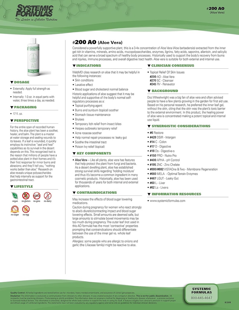 Systemic Formulas Aloe Vera # 200- 16 oz Premium Tingkat untuk Kesehatan Digetical dan Wellness - Murni Aloe Vera Extract