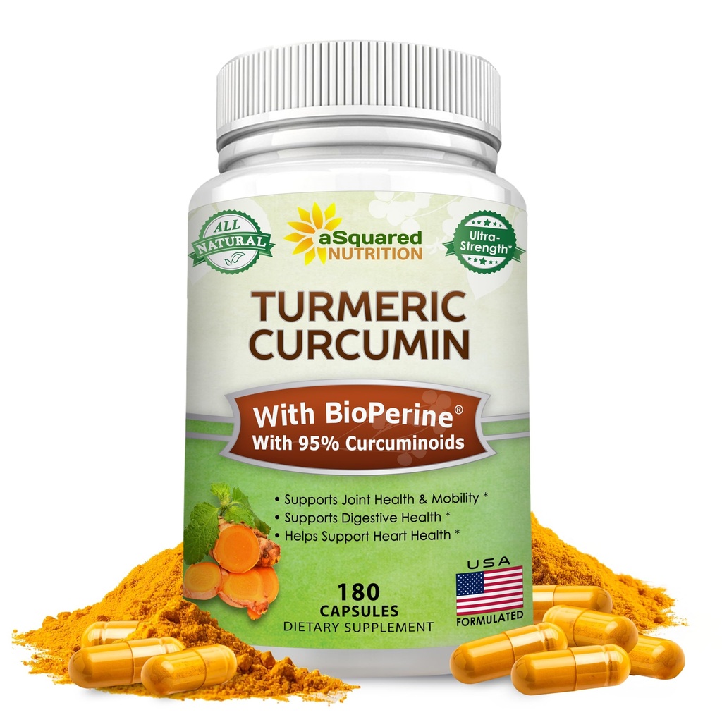 ASquared Nutrition Turmunic Curcumin 1300mg dengan BioPerine Black Pepper Extract - 180 Capsules - dengan 95% Curcuminoid, 100% Natural Tumeric Root Pouder Supplication, Murni & Root Pills