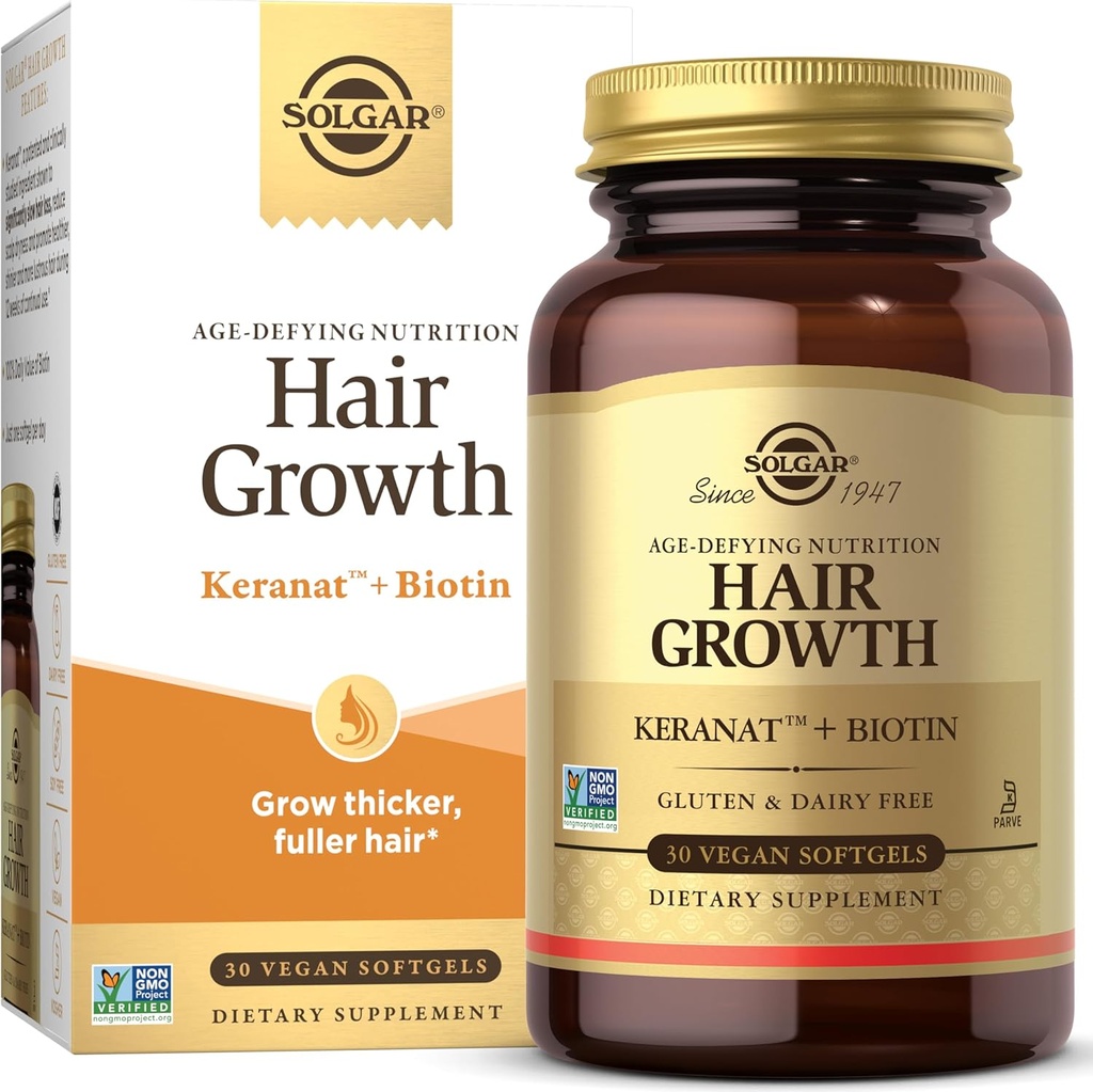 Solgar Growth Supplement for Thicker Fuller Hair with Keranat Oil, Biotin, Zinc and Copper, Hair Health Supplemen, Age- Defying Nutition for Men and Women, 30 Servings